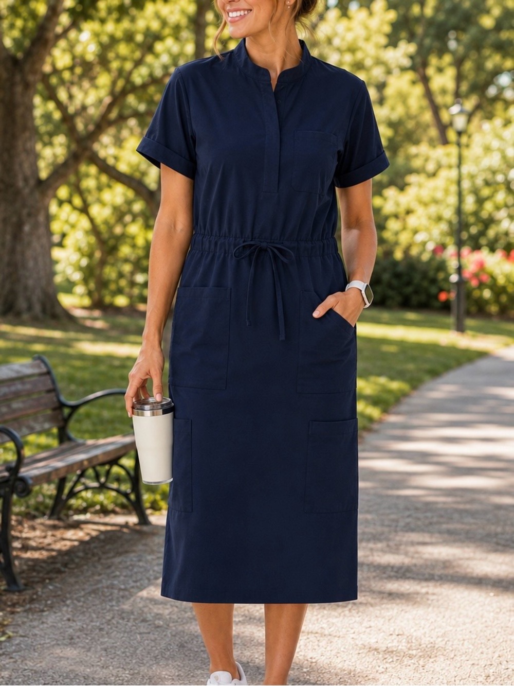 C. Saucy Women’s Medium Navy Blue Utility Midi Dress Drawstring Waist Pockets